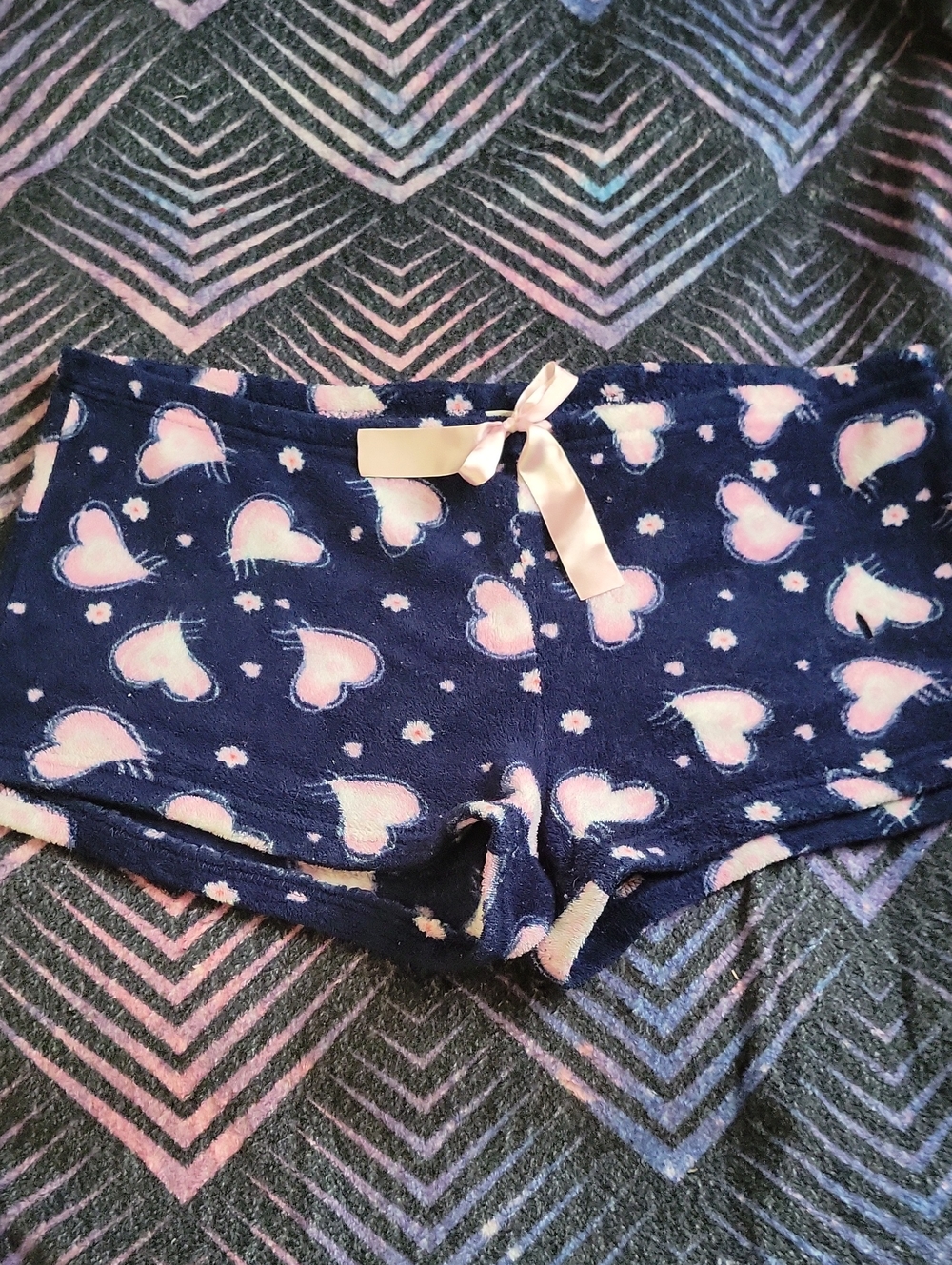 Women's Navy Heart Plush Sleep Shorts with Pink Bow